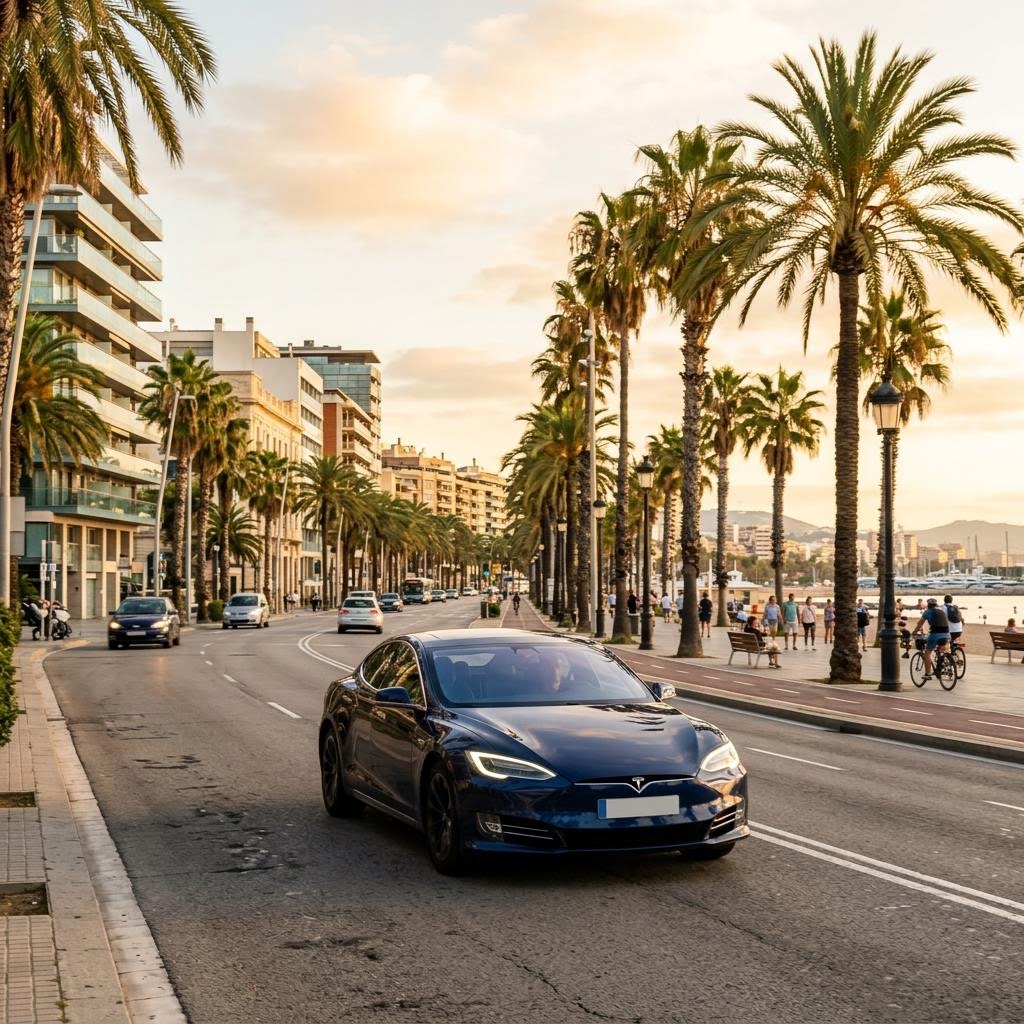 Berlina eléctrica azul marino circulando por una avenida mediterránea