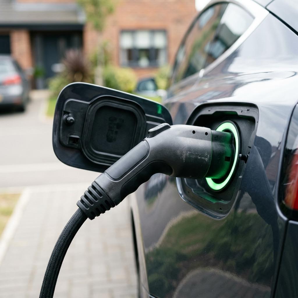 Conector de carga enchufado a un coche eléctrico con luz verde