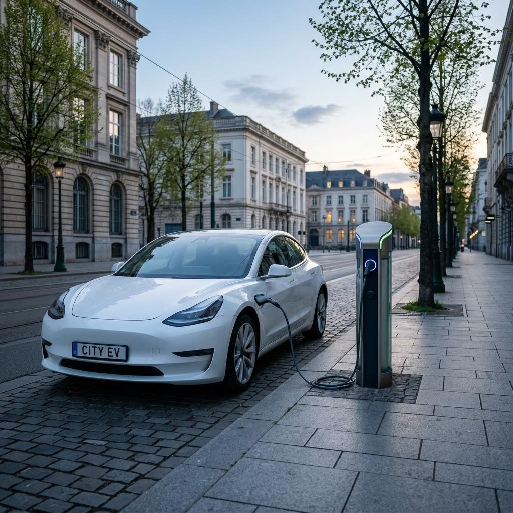 Berlina eléctrica blanca cargando en una calle de ciudad al amanecer